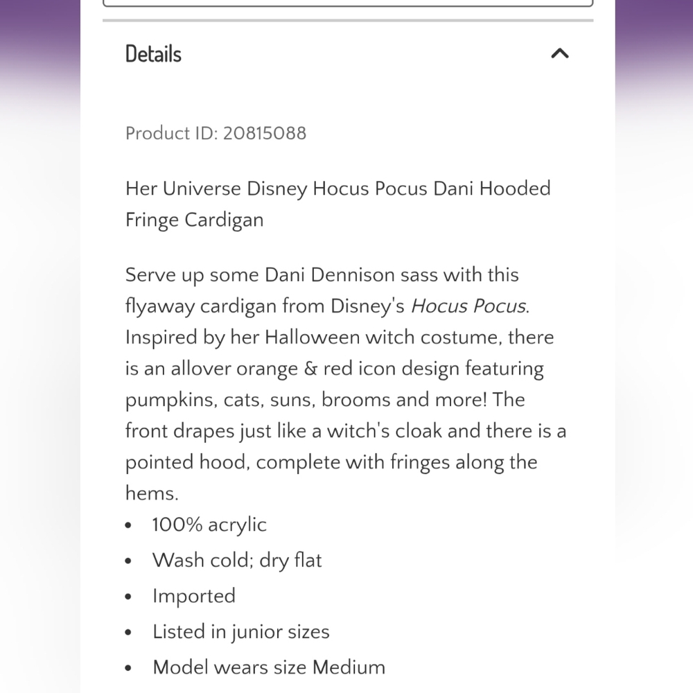 Her Universe Disney Hocus Pocus Dani Hooded Fringe Halloween Cardigan XL NWOT - Picture 8 of 17